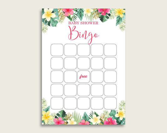 Pink Green Baby Shower Bingo Blank Game Printable, Hawaiian Baby Shower Girl Bingo Blank Cards, Bingo Gift Opening Game, Luau Aloha 955MG