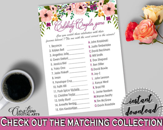 Watercolor Flowers Bridal Shower Celebrity Couples Game in White And Pink, quiz game bridal, pink floral bridal, party decorations - 9GOY4 - Digital Product