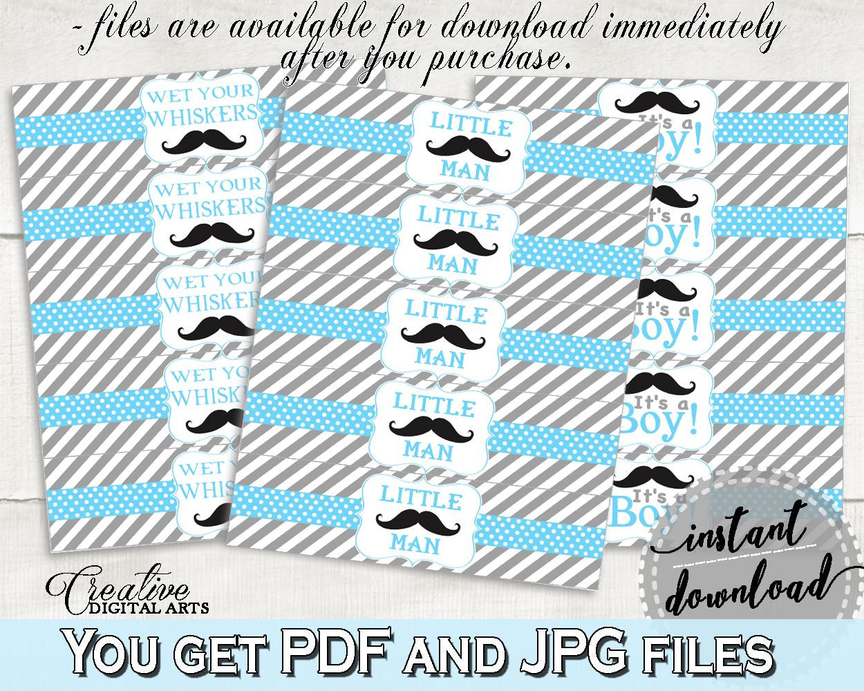 Blue Gray Bottle Labels, Baby Shower Bottle Labels, Mustache Baby Shower Bottle Labels, Baby Shower Mustache Bottle Labels pdf jpg 9P2QW - Digital Product