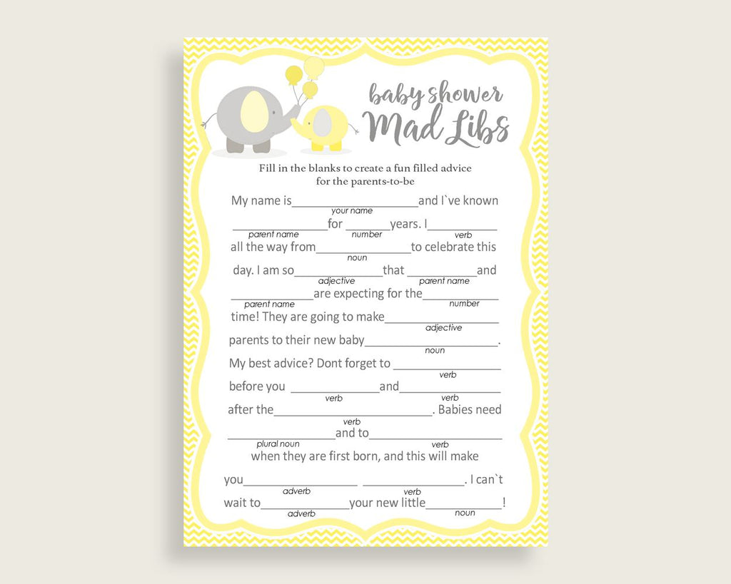Mad Libs Baby Shower Mad Libs Yellow Baby Shower Mad Libs Baby Shower Elephant Mad Libs Yellow Gray digital download party plan party W6ZPZ