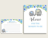 Elephant Blue Advice For Mommy To Be Cards & Sign, Printable Baby Shower Blue Gray Advice For New Parents, Instant Download, Flowers ebl01