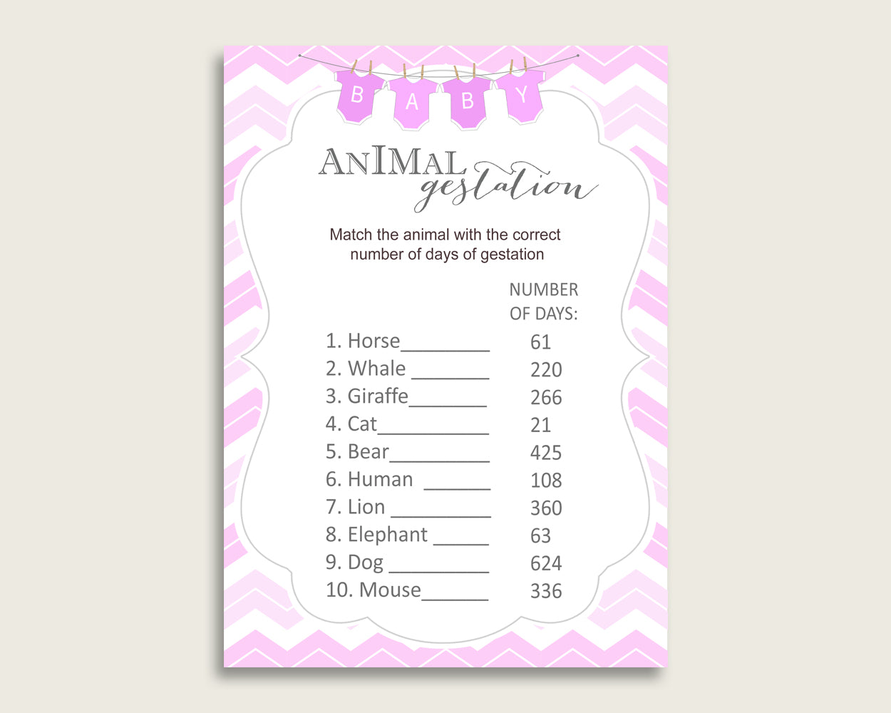 Chevron Animal Pregnancy Gestation Game, Pink White Baby Shower Girl Printable Activities, Instant Download, Stripy Lines Light Pink cp001