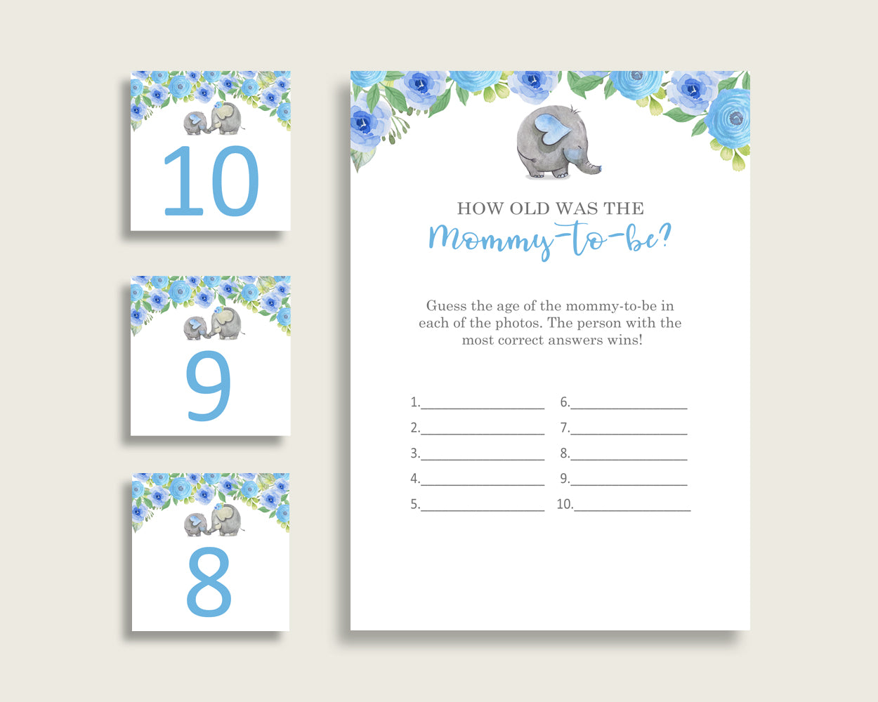 Blue Gray How Old Was The Mommy To Be, Boy Baby Shower Game Printable, Elephant Blue Guess Mommy's Age Game, Instant Download, Mammoth ebl01