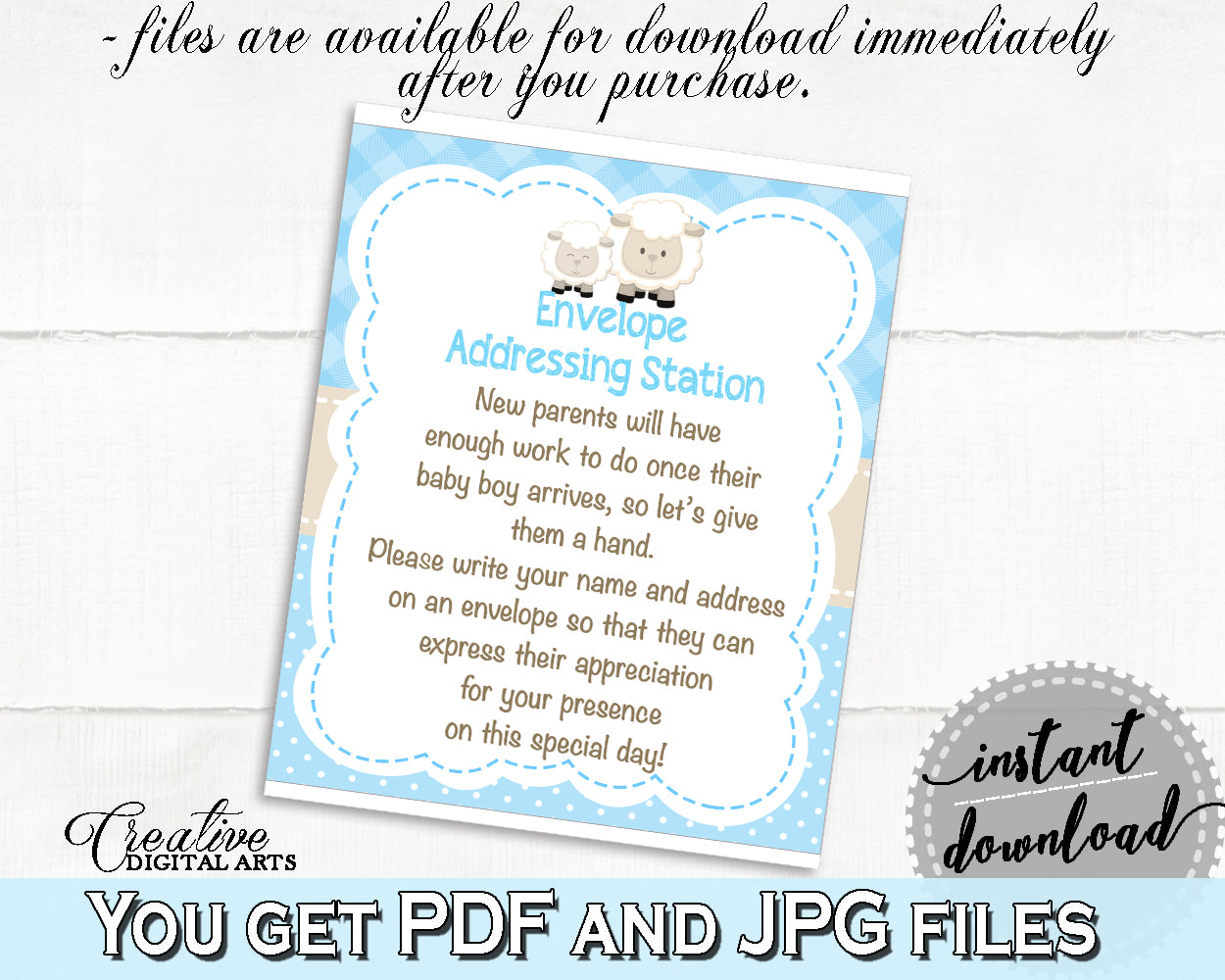 ENVELOPE ADDRESSING STATION sheep baby shower blue sign, little lamb baby boy shower theme, digital files, Jpg Pdf, instant download - fa001