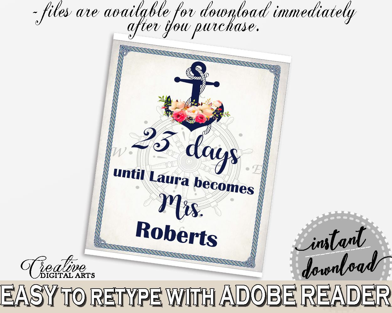 Days Until Becomes in Nautical Anchor Flowers Bridal Shower Navy Blue Theme, countdown to mrs, seafaring shower, customizable files - 87BSZ - Digital Product