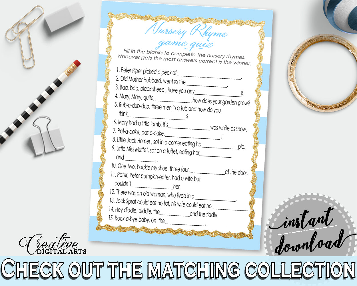 Baby Shower printable NURSERY RHYME QUIZ game with blue and white strips, glitter gold, digital files, instant download - bs002