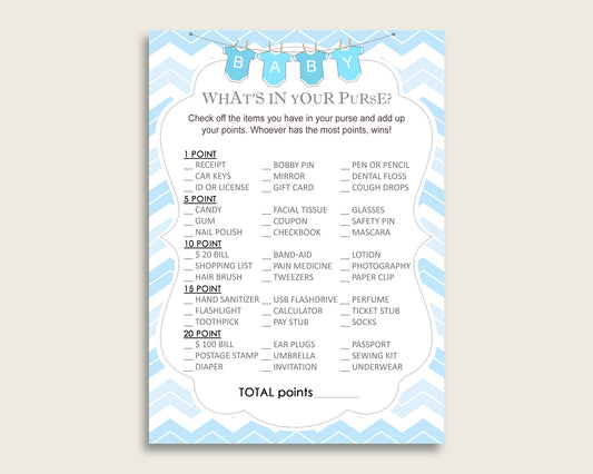 Chevron What's In Your Purse Game Printable, Blue White Whats In Your Purse, Boy Baby Shower Purse Game, Instant Download, Light Blue cbl01