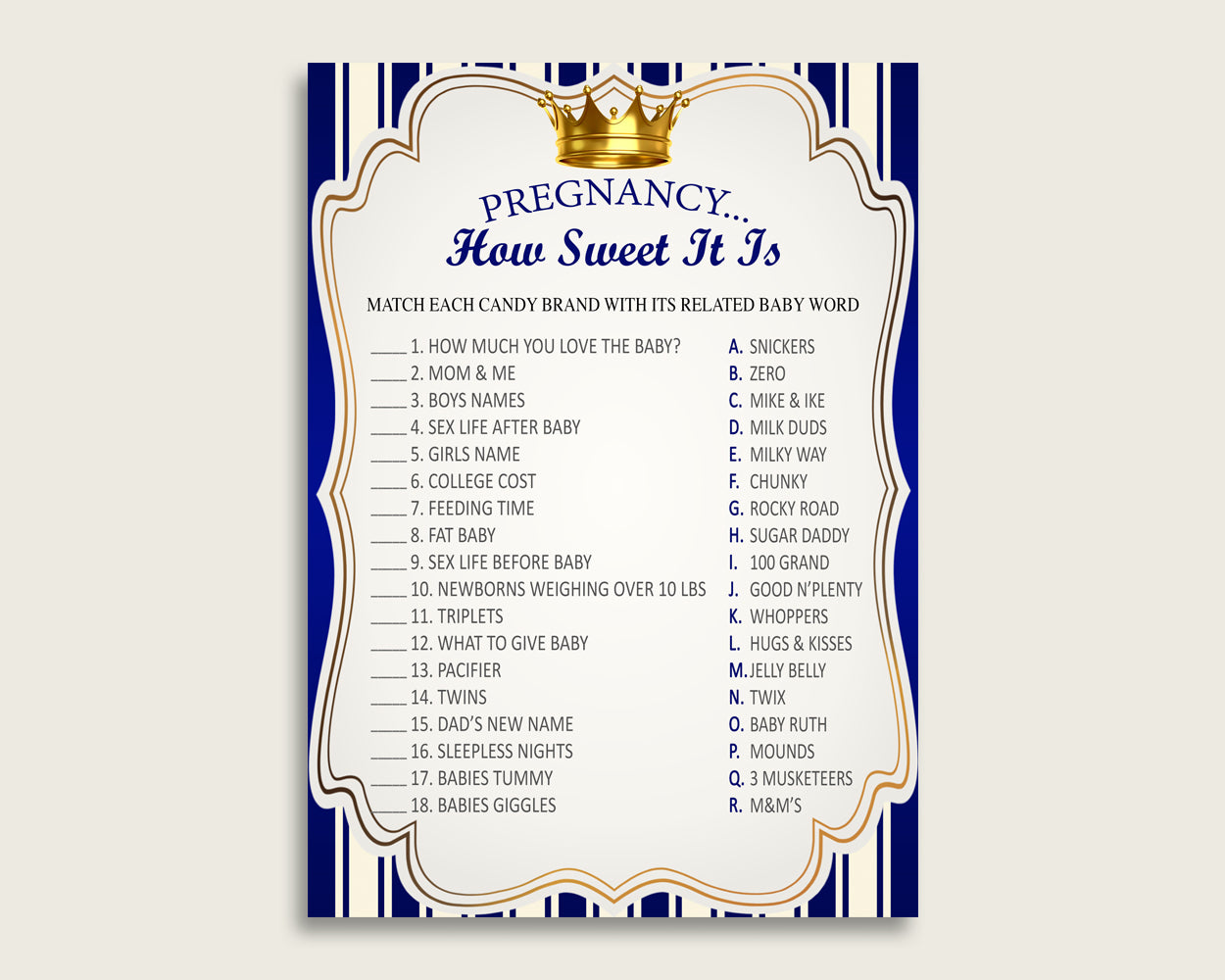 Blue Gold Pregnancy How Sweet It Is Game, Royal Prince Baby Shower Boy, Printable Candy Bar Match Game, Instant Download, King Crown rp001