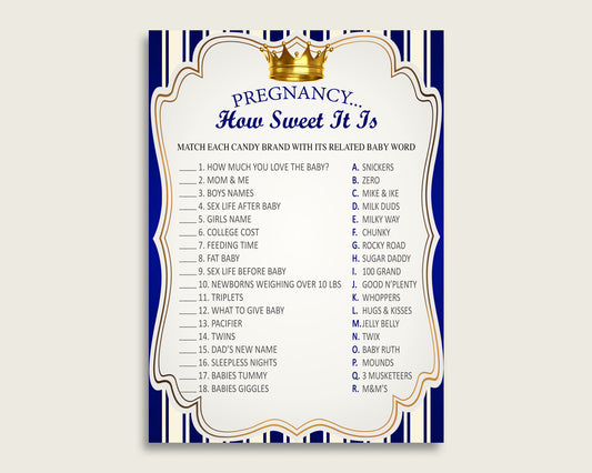 Blue Gold Pregnancy How Sweet It Is Game, Royal Prince Baby Shower Boy, Printable Candy Bar Match Game, Instant Download, King Crown rp001