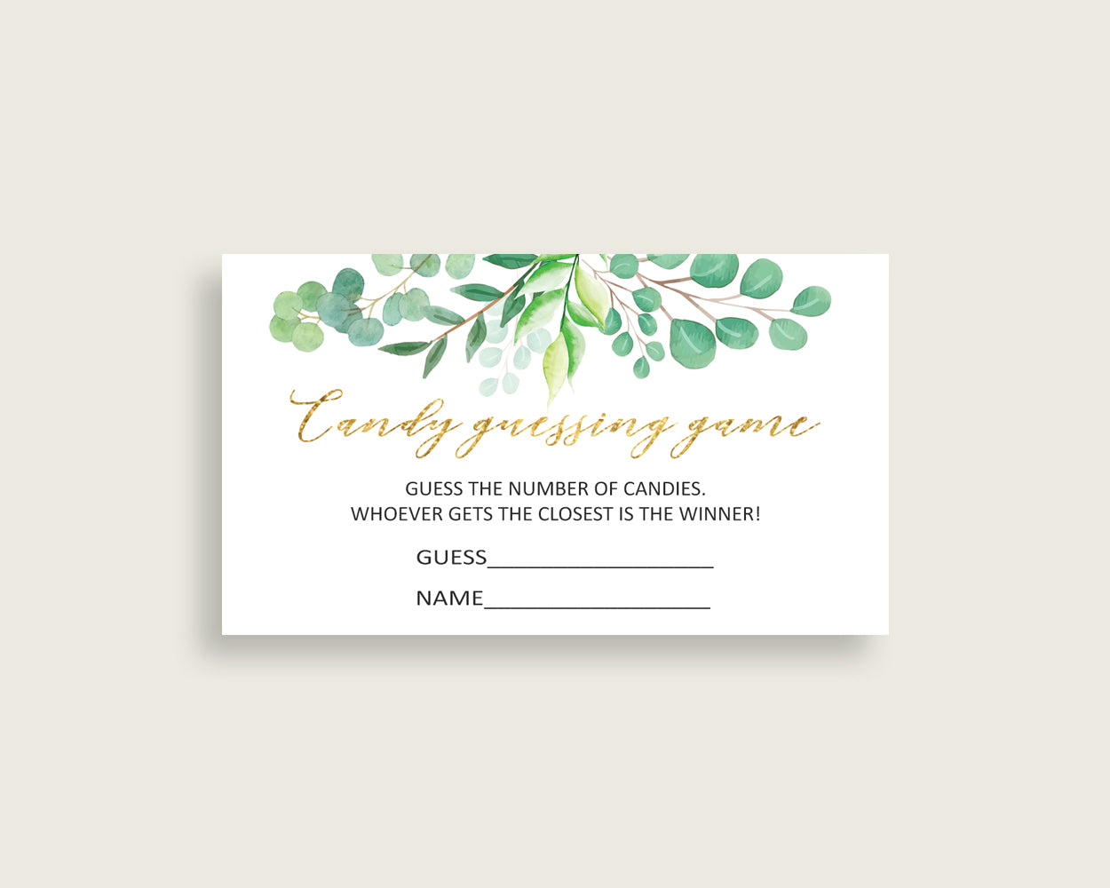 Green Gold Candy Guessing Game, Greenery Baby Shower Gender Neutral Sign And Cards, Guess How Many Candies, Candy Jar Game, Jelly Y8X33