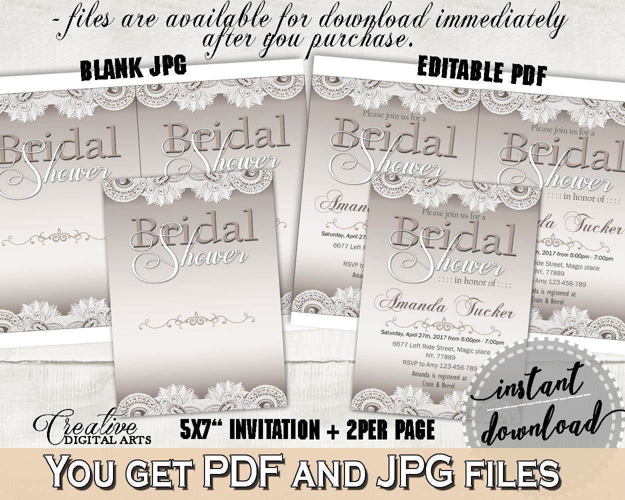 Editable Bridal Shower Invitation in Traditional Lace Bridal Shower Brown And Silver Theme, appearance, white lace, party planning - Z2DRE - Digital Product