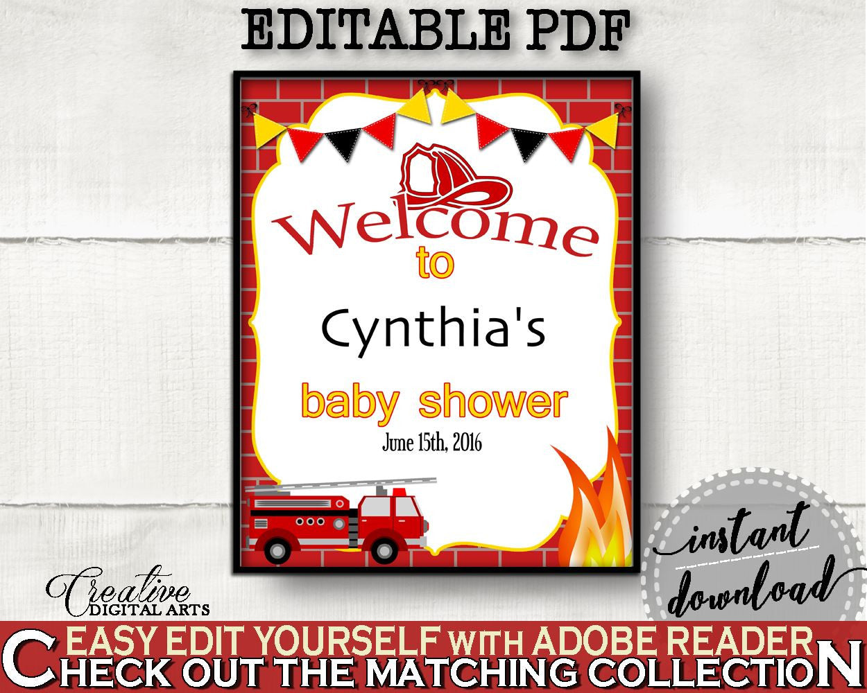 Welcome Sign Baby Shower Welcome Sign Fireman Baby Shower Welcome Sign Red Yellow Baby Shower Fireman Welcome Sign printable files - LUWX6 - Digital Product