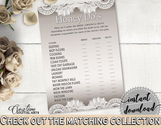 Traditional Lace Bridal Shower Honey Do List in Brown And Silver, popular bridal game, shabby chic bridal, shower celebration - Z2DRE - Digital Product