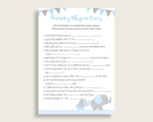 Elephant Nursery Rhyme Quiz Printable, Blue Grey Nursery Rhyme Game, Blue Grey Baby Shower Boy Activities, Instant Download, ebl02