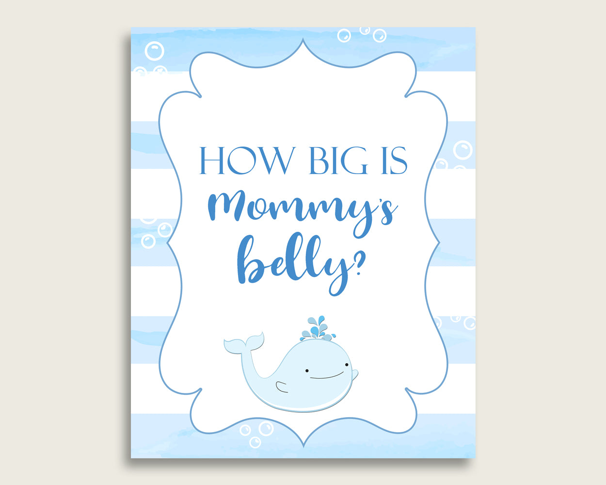 Blue White How Big Is Mommy's Belly Game, Whale Baby Shower Boy, Guess Mommys Belly Size, Mommy Tummy Game, Instant Download, wbl01