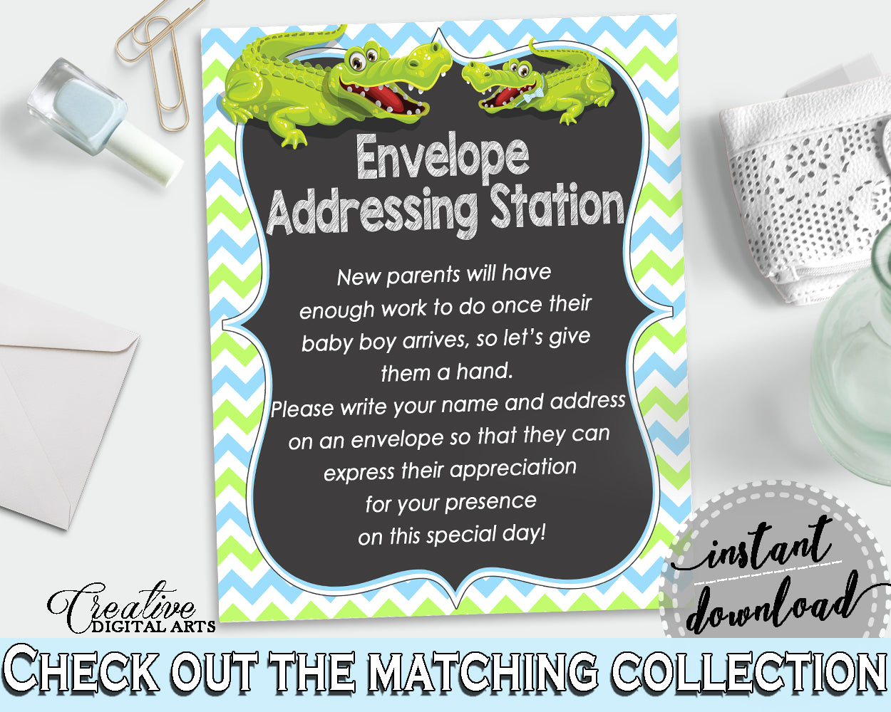 ADDRESS STATION baby shower sign with green alligator and blue color theme, instant download - ap002