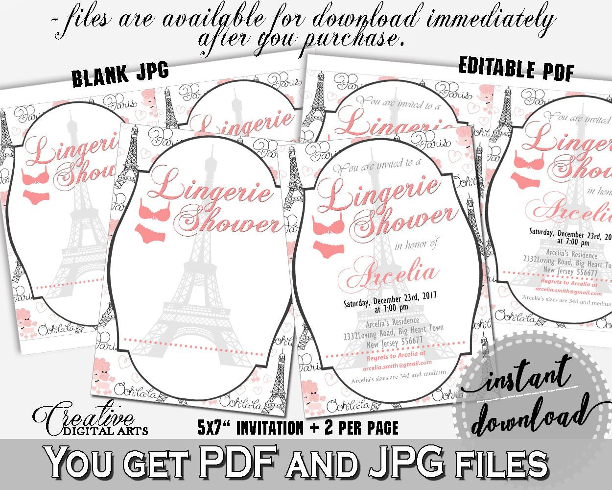 Paris Bridal Shower Lingerie Shower Invitation Editable in Pink And Gray, underwear invite, pariz bridal shower, party organization - NJAL9 - Digital Product