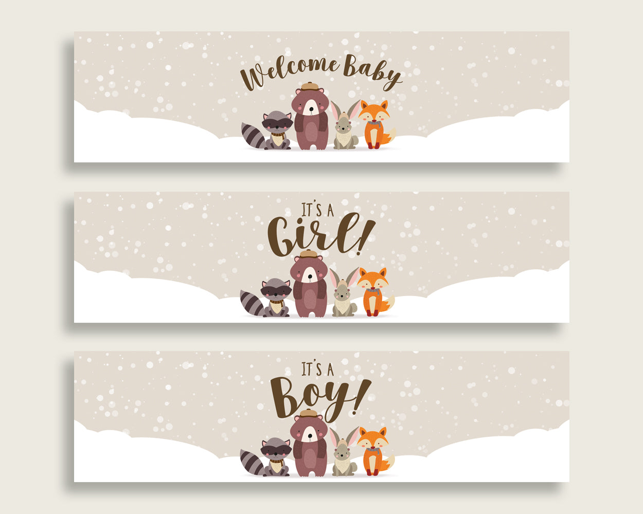 Beige Brown Water Bottle Labels Printable, Winter Woodland Water Bottle Wraps, Winter Woodland Baby Shower Gender Neutral Bottle RM4SN