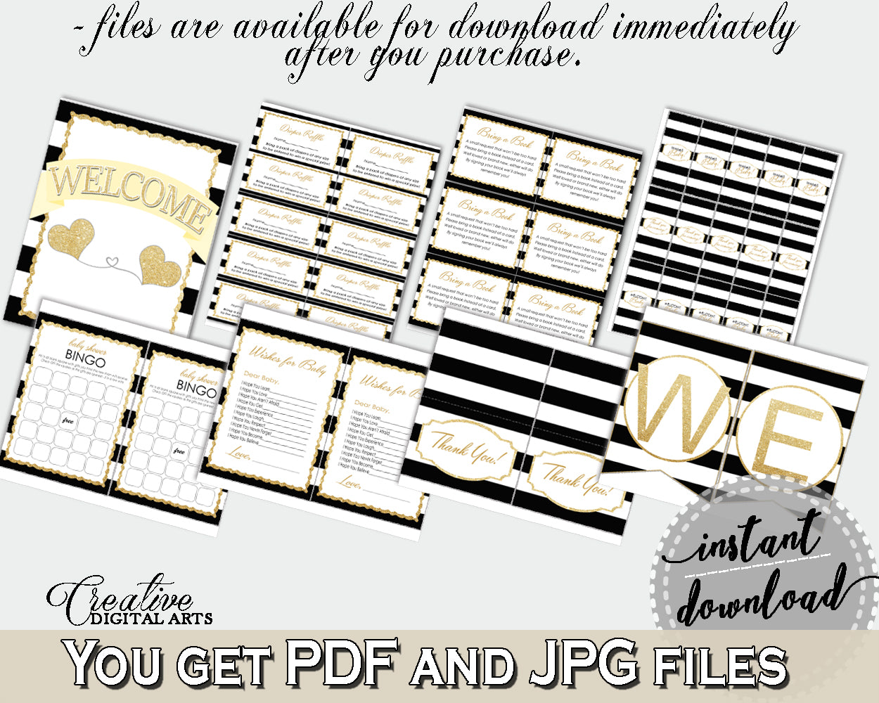 Baby Shower Decoration package bundle printable with Black Stripes for girls or boys, digital Jpg Pdf - Instant Download - bs001