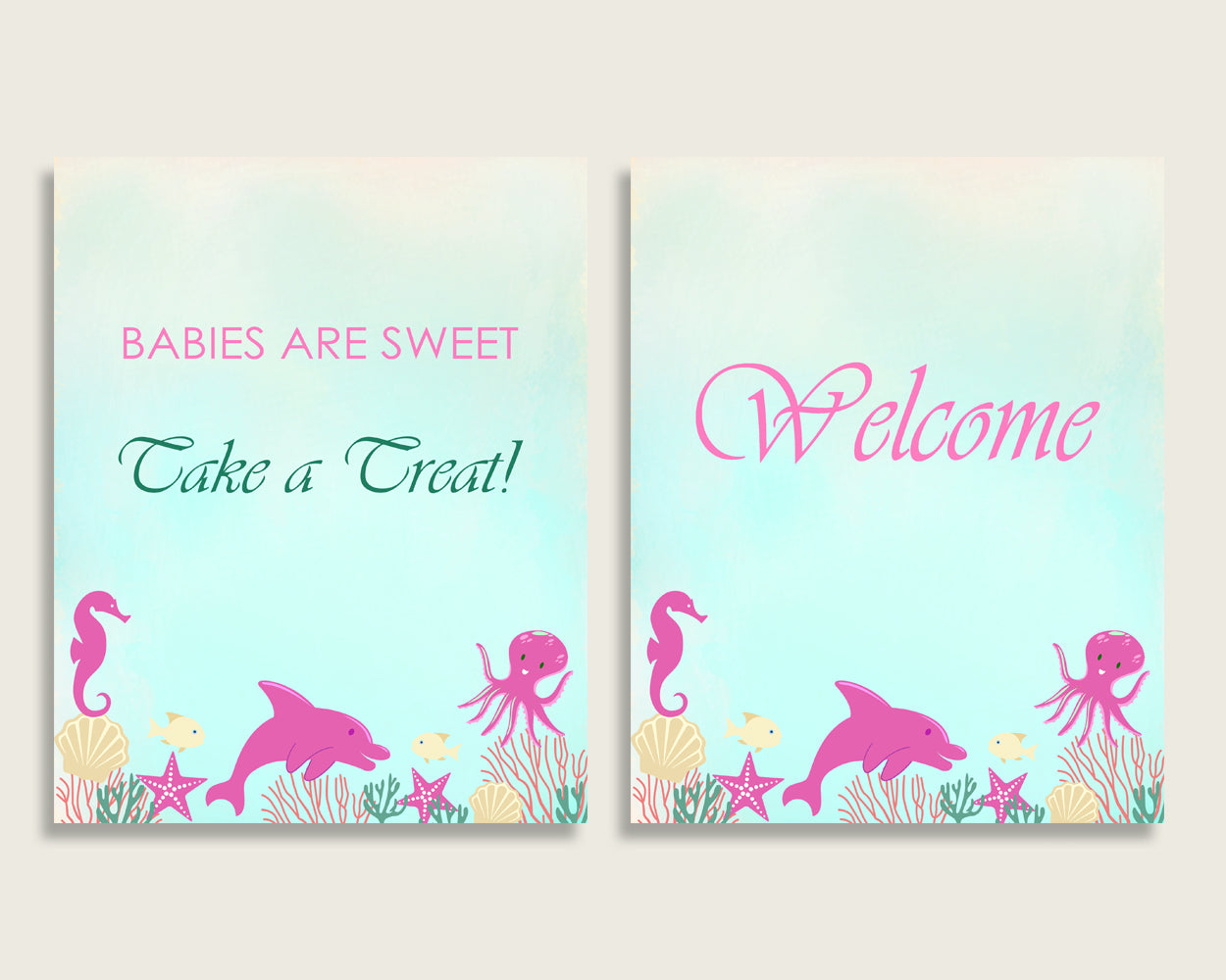 Under The Sea Baby Shower Girl Table Signs Printable, Pink Green Party Table Decor, Favors, Food, Drink, Treat, Guest Book, Instant uts01