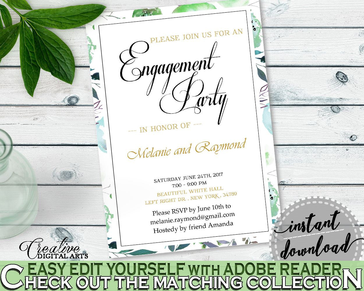 Engagement Party Invitation Bridal Shower Engagement Party Invitation Botanic Watercolor Bridal Shower Engagement Party Invitation 1LIZN - Digital Product