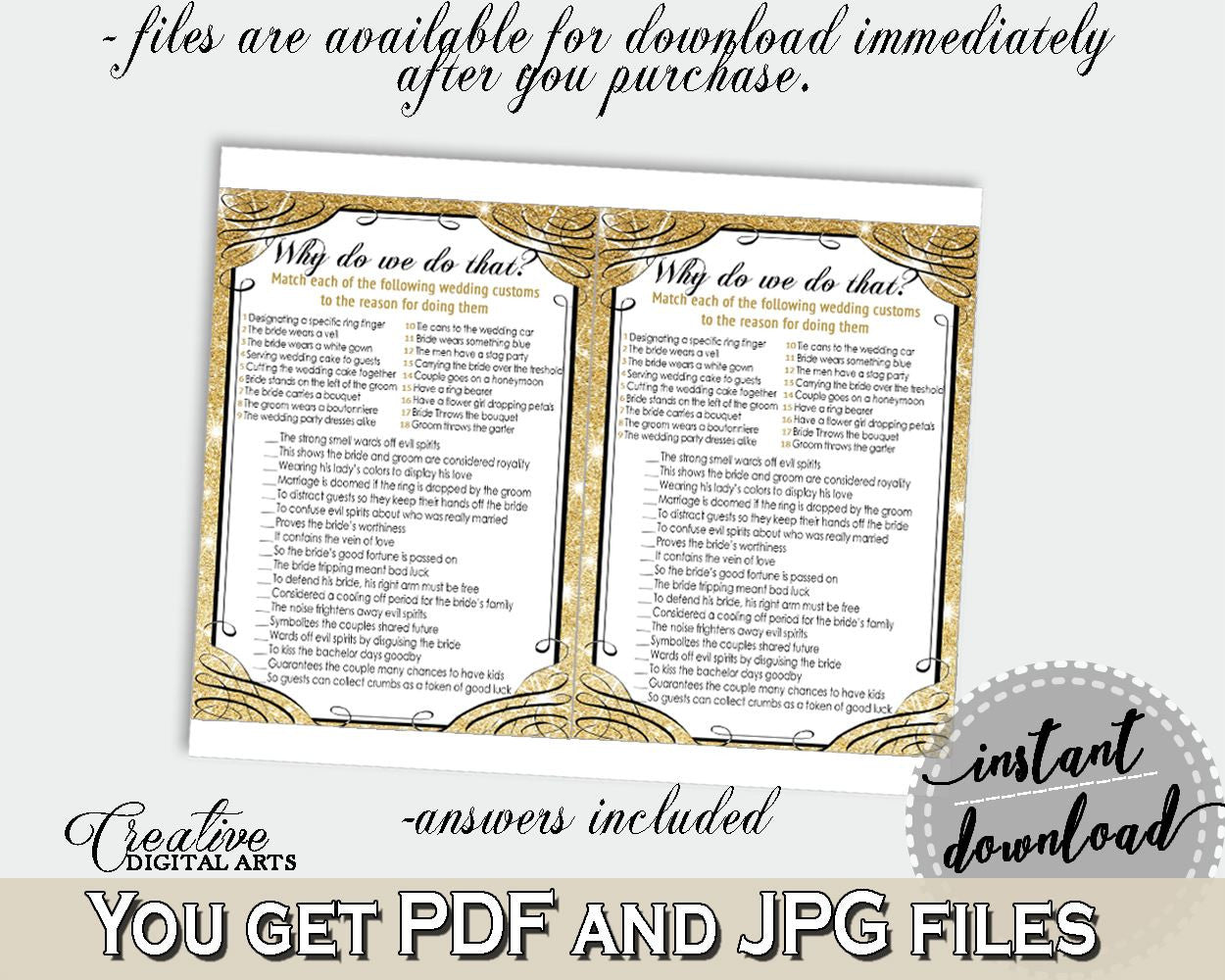 Why Do We Do That in Glittering Gold Bridal Shower Gold And Yellow Theme, tradition quiz game, modern shower, paper supplies, prints - JTD7P - Digital Product