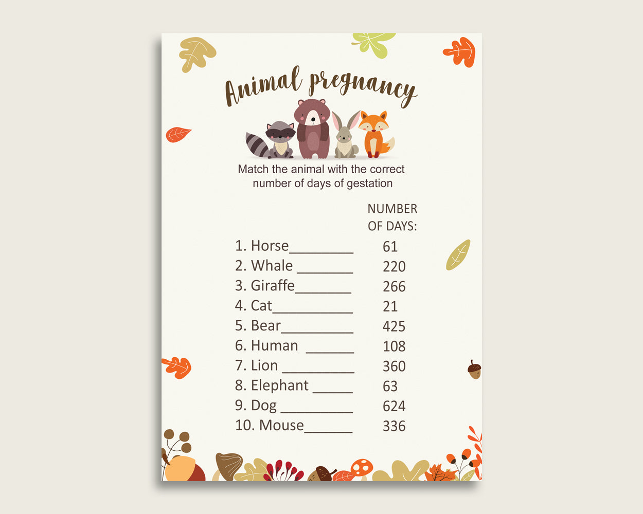 Woodland Animal Pregnancy Gestation Game, Brown Beige Baby Shower Gender Neutral Printable Activities, Instant Download, Popular w0001