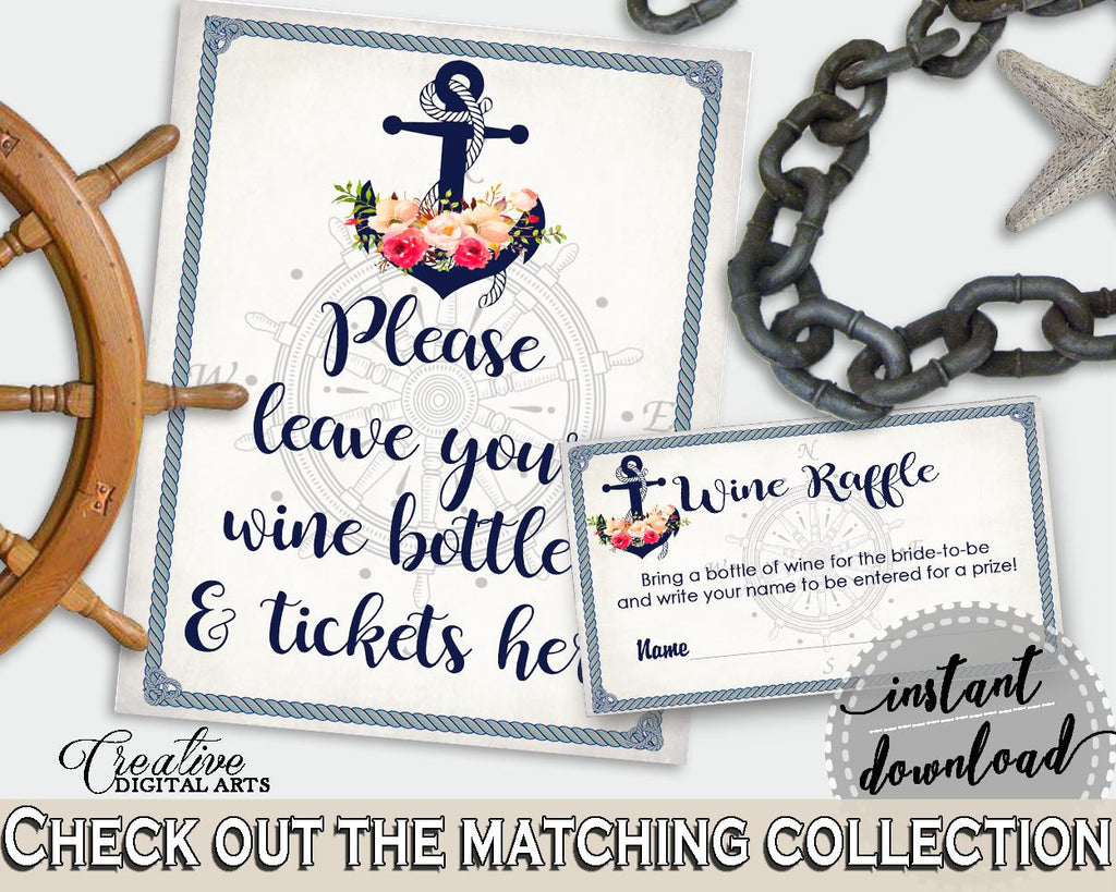 Wine Raffle in Nautical Anchor Flowers Bridal Shower Navy Blue Theme, wine instead card, traditional theme, party stuff, party decor - 87BSZ - Digital Product