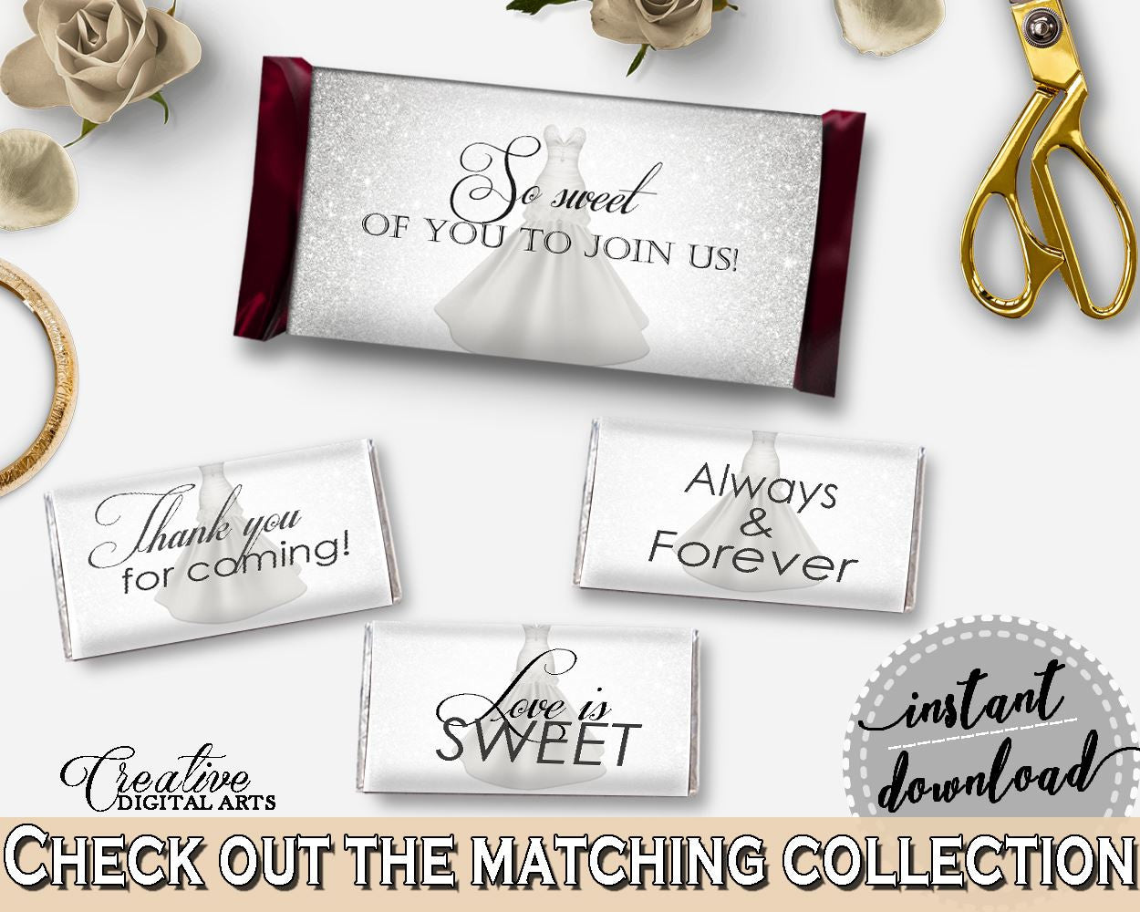 Silver Wedding Dress Bridal Shower Hershey Mini And Standard Wrappers in Silver And White, chocolate decorations, printable files - C0CS5 - Digital Product