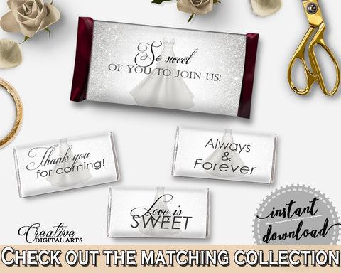 Silver Wedding Dress Bridal Shower Hershey Mini And Standard Wrappers in Silver And White, chocolate decorations, printable files - C0CS5 - Digital Product