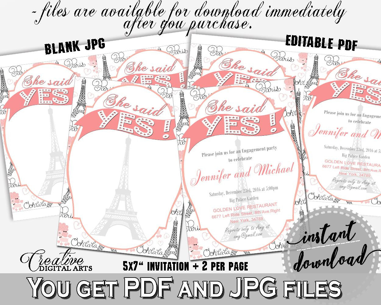Paris Bridal Shower She Said Yes Invitation Editable in Pink And Gray, shower invite, eiffel tower, party ideas, bridal shower idea - NJAL9 - Digital Product