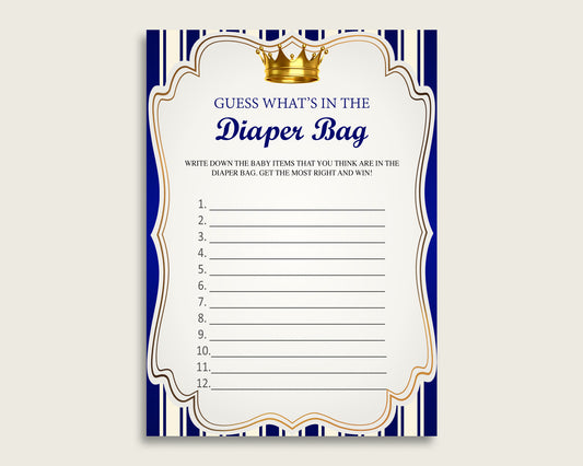 Royal Prince Guess What's In The Diaper Bag Game, Boy Baby Shower Blue Gold Diaper Game Printable, Instant Download, King Gold Crown, rp001