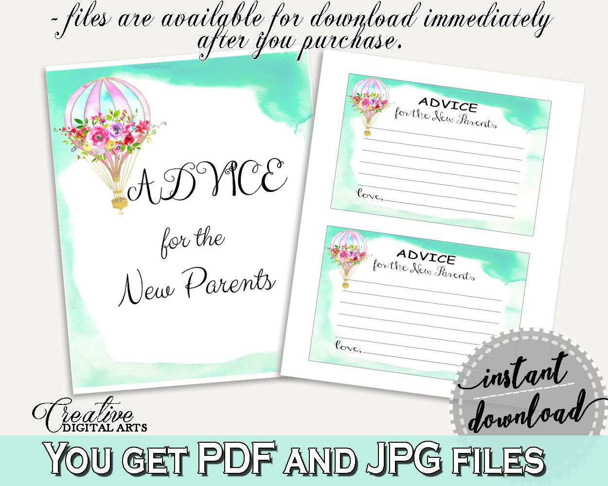 Advice Cards Baby Shower Advice Cards Hot Air Balloon Baby Shower Advice Cards Baby Shower Hot Air Balloon Advice Cards Green Pink CSXIS - Digital Product