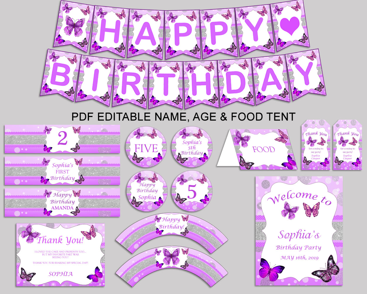 Birthday Butterfly Party Decor Butterfly Editable Package Purple White Birthday Decoration Butterfly Birthday Kit Girl OHI62