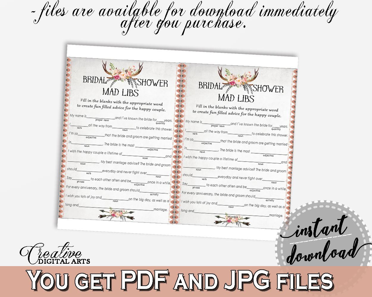 Antlers Flowers Bohemian Bridal Shower Mad Libs Game in Gray and Pink, bridal mad libs, boho floral, party planning, party plan - MVR4R - Digital Product