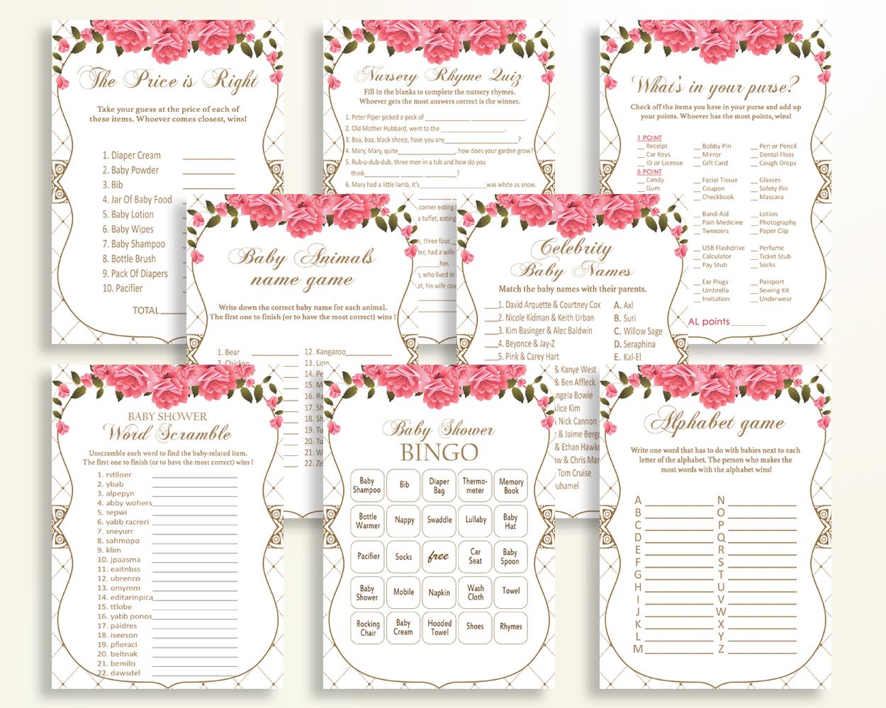 Games Baby Shower Games Roses Baby Shower Games Baby Shower Roses Games Pink White shower activity party theme prints party plan U3FPX - Digital Product