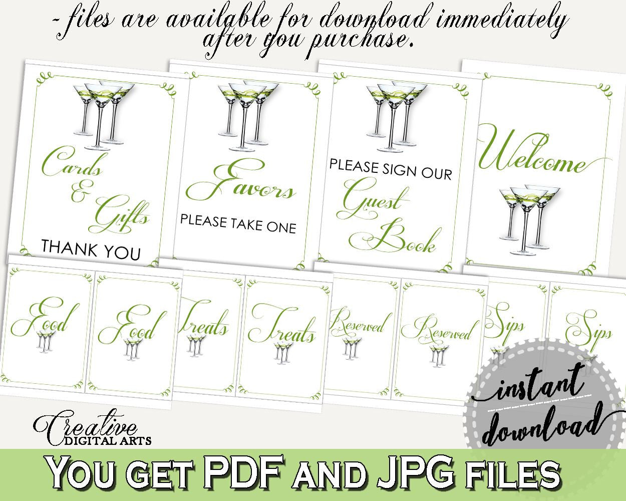 Table Signs Bridal Shower Table Signs Modern Martini Bridal Shower Table Signs Bridal Shower Modern Martini Table Signs Green White ARTAN - Digital Product