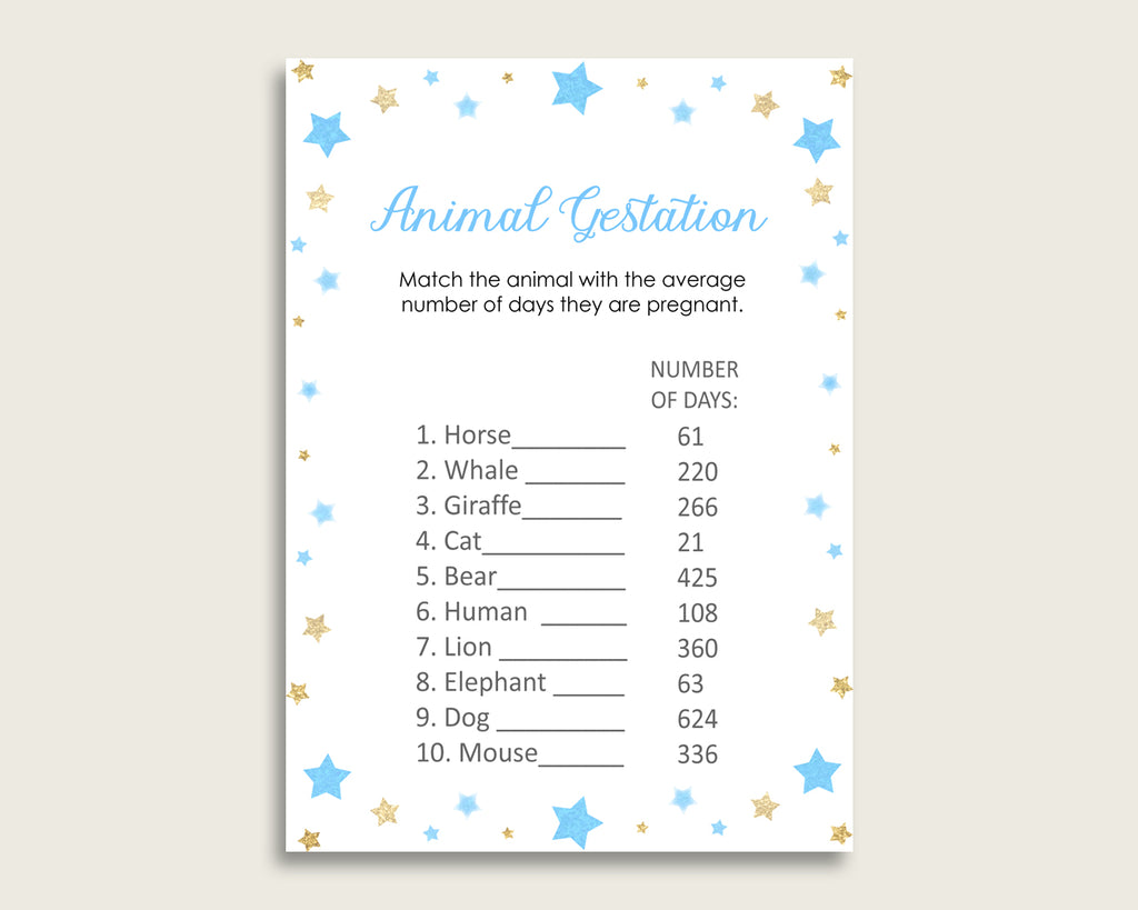 Stars Animal Pregnancy Gestation Game, Blue Gold Baby Shower Boy Printable Activities, Instant Download, Twinkle Twinkle Little Star bsr01