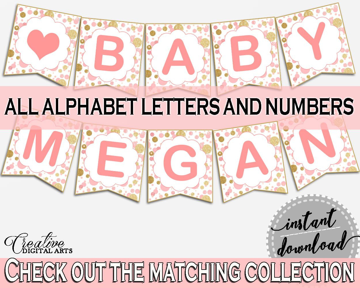 Banner Letters, Baby Shower Banner Letters, Dots Baby Shower Banner Letters, Baby Shower Dots Banner Letters Pink Gold party décor RUK83 - Digital Product