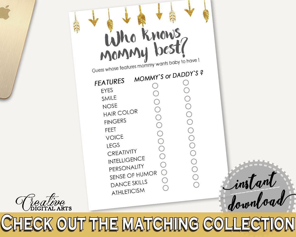Who Knows Mommy Best Baby Shower Who Knows Mommy Best Gold Arrows Baby Shower Who Knows Mommy Best Baby Shower Gold Arrows Who Knows I60OO - Digital Product