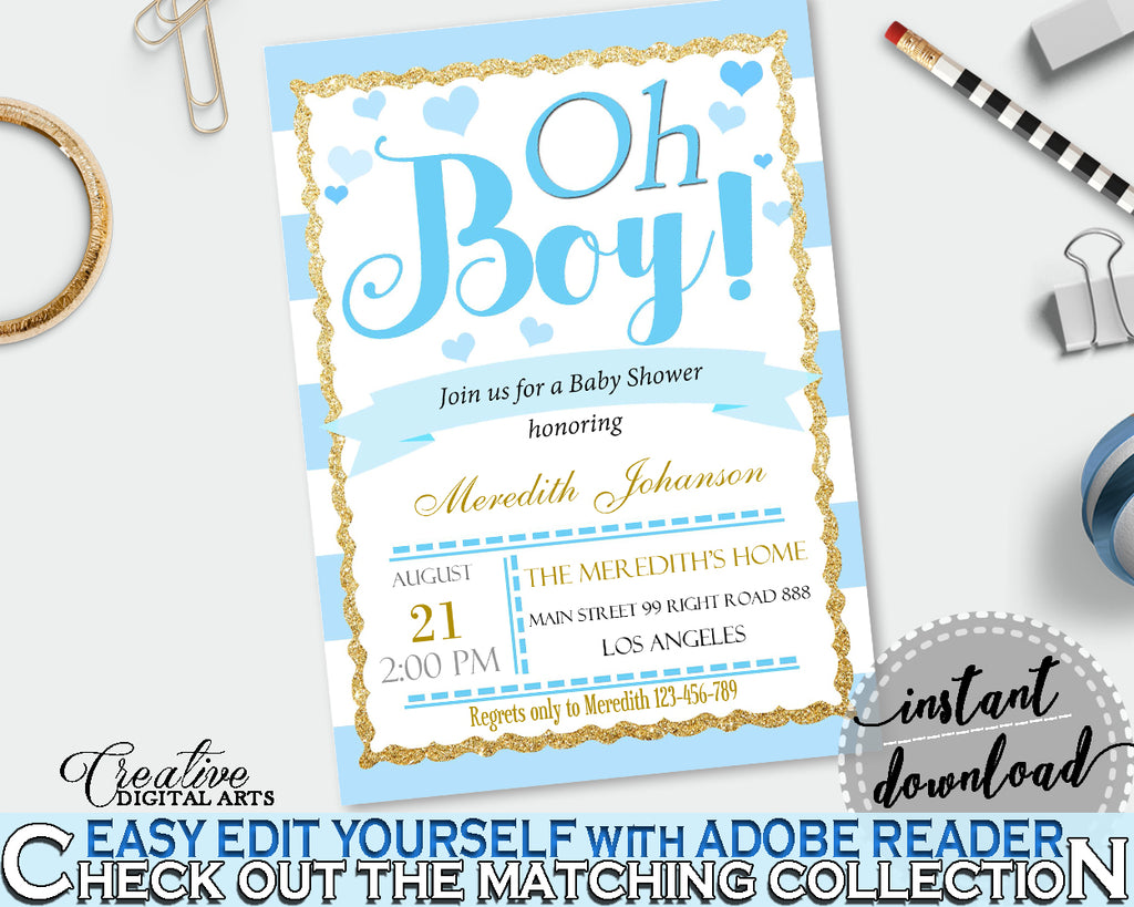 Baby Shower editable INVITATION with blue and white stripes theme, digital Jpg Pdf, instant download - bs002