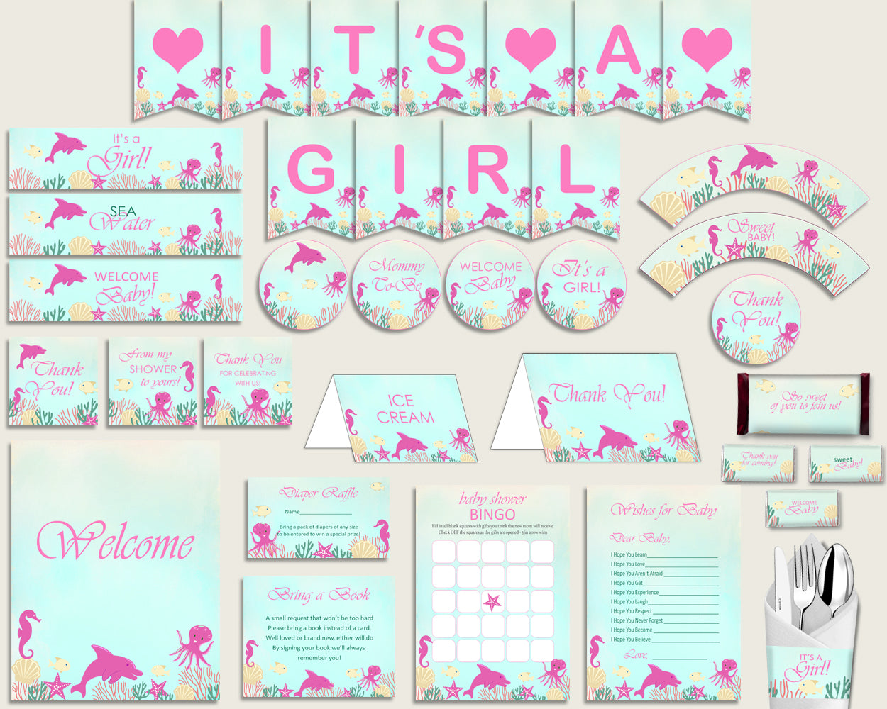 Pink Green Baby Shower Decorations Girl Kit, Under The Sea Baby Shower Party Package Printable, Instant Download, Sea Creatures uts01