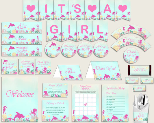 Pink Green Baby Shower Decorations Girl Kit, Under The Sea Baby Shower Party Package Printable, Instant Download, Sea Creatures uts01