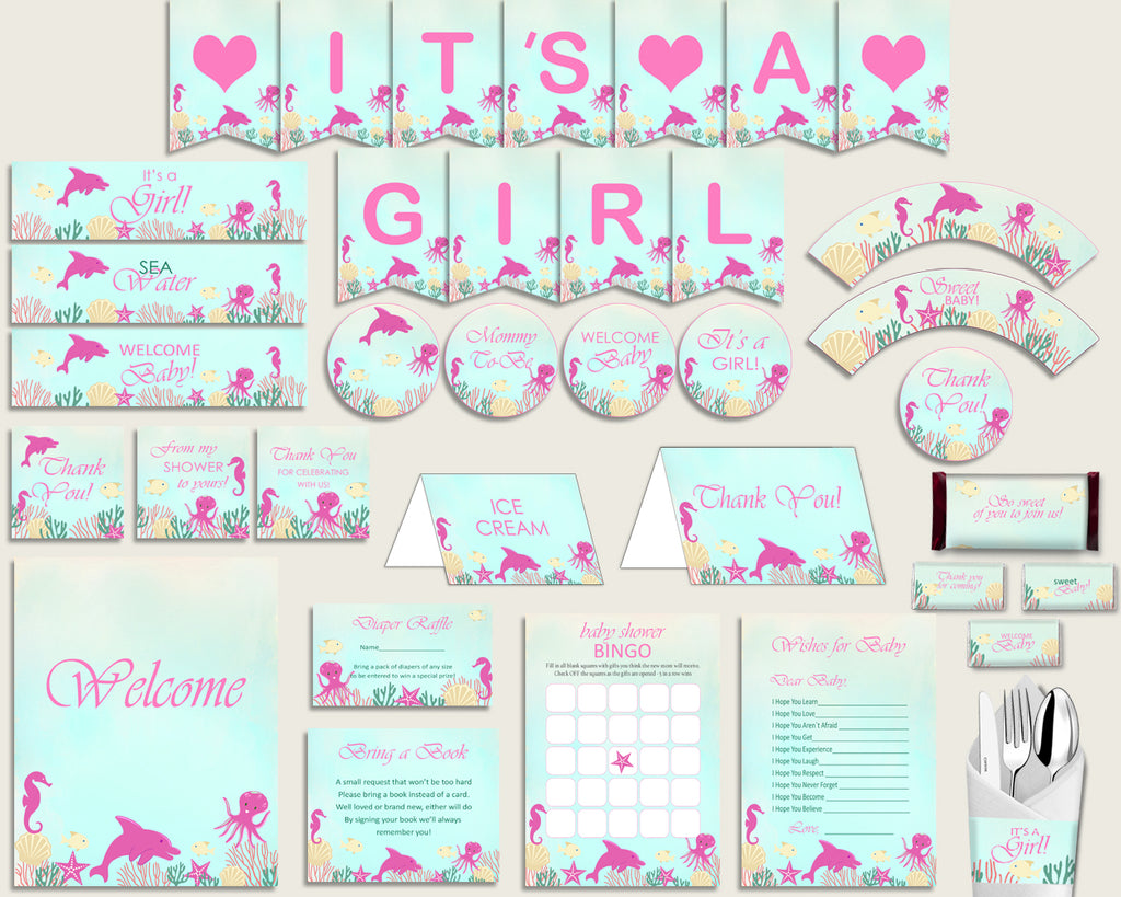 Pink Green Baby Shower Decorations Girl Kit, Under The Sea Baby Shower Party Package Printable, Instant Download, Sea Creatures uts01