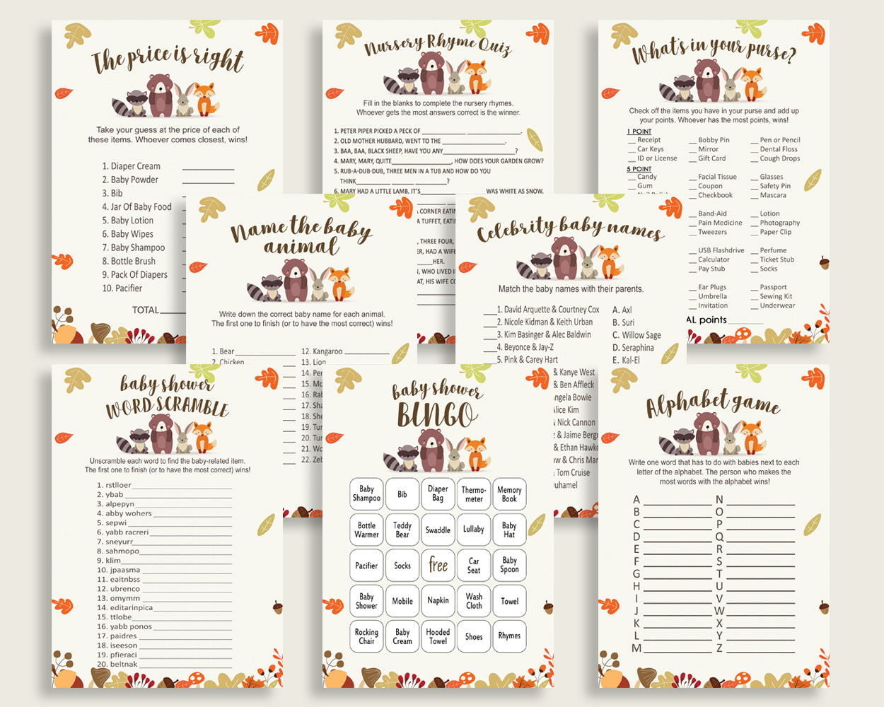 Woodland Baby Shower Games Printable Pack, Brown Beige Baby Shower Games Package Gender Neutral, Fall Games Bundle Set, Instant w0001