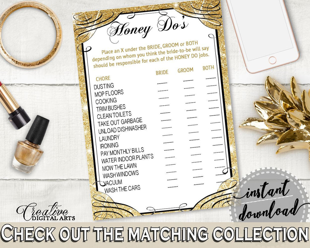 Gold And Yellow Glittering Gold Bridal Shower Theme: Honey Do List - shower quiz, pelf bridal shower, printable files, party plan - JTD7P - Digital Product