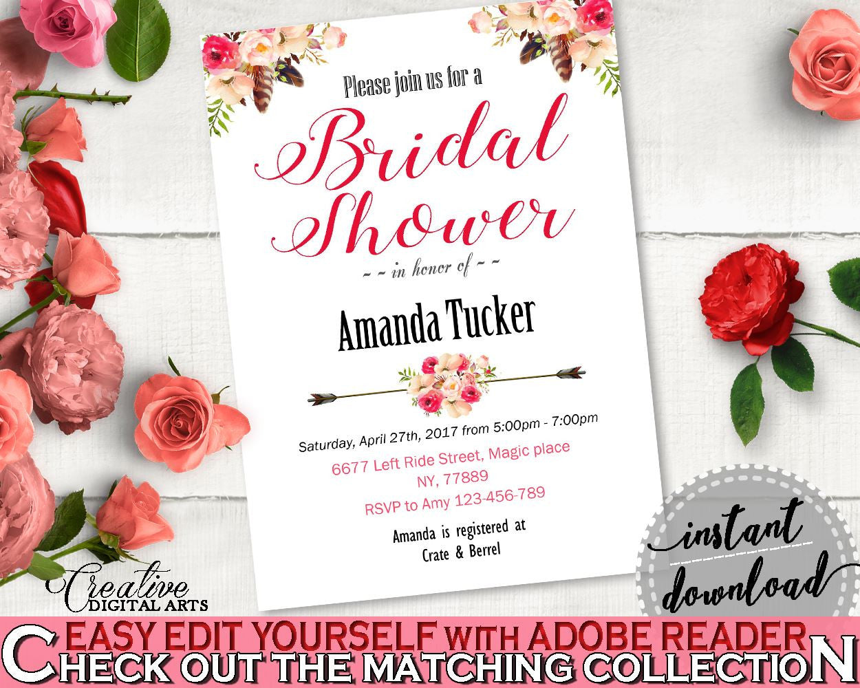 Editable Bridal Shower Invitation in Bohemian Flowers Bridal Shower Pink And Red Theme, bridal editable, printable files, prints - 06D7T - Digital Product