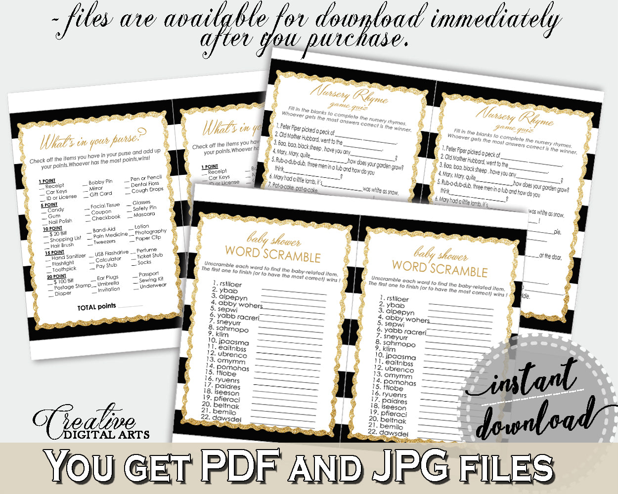 Baby Shower games package bundle printable glitter gold title with black white stripes, 8 games pack pdf jpg - Instant Download - bs001