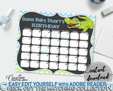 Baby Shower BIRTHDAY PREDICTION due date calendar editable with green alligator and blue color theme, instant download - ap002