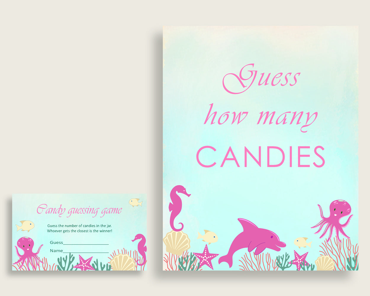 Pink Green Candy Guessing Game, Under The Sea Baby Shower Girl Sign And Cards, Guess How Many Candies, Candy Jar Game, Jelly Beans uts01